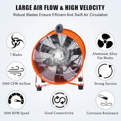 IDEALHOUSE 16 Inch Heavy Duty Utility Blower Fan with 32.8 FT Duct, 3500 CFM High Velocity Exhaust Fan, 2 Speed Portable Air Mover for Workshop Garage Confined Space, Low Noise 3500 RPM - size: 16 Inch Fan+32.8 FT Ducting