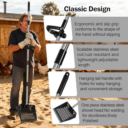 3-in-1 Heavy Duty Pooper Scooper, 23-76" Extra Long Adjustable Handle No Bend Back Pain Relief, 10" Stainless Steel Chicken Pooper Scooper Sifting Shovel Rake for Grass, Dirt, Gravel, Sand, Farm