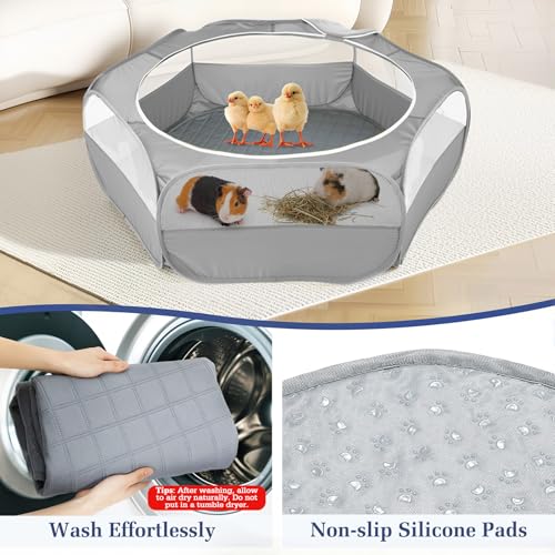 2-in-1 Small Animals Playpen with Pad, Waterproof Small Pet Cage Tent with Reusable Pad, Portable Outdoor Yard Fence with 3 Metal Rod for Chick/Kitten/Puppy/Guinea Pig/Rabbits/Chinchillas, Gray+Gray - color: U-Gray+Gray
