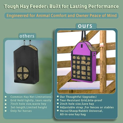 2 Pack Purple Slow Feed Hay Bags for Horses Goats Rabbits Donkeys,Heavy Duty Oxford Hay Feeder with Front Hay Net Design, Easy Fill Hanging Forage Bag (Premium Animal Feeding Solution)