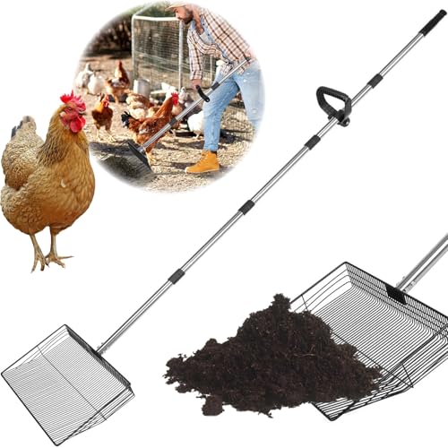 15 inch Large Chicken Poop Scooper with Ergonomic Grip, 6 in 1 Detachable Chicken Scooper for Poop Shovel (20 to 79"), Stainless Steel Sifting Shovel for Chicken Coop/Goat Stall/Stable Cleaning Tool - size: Scooper