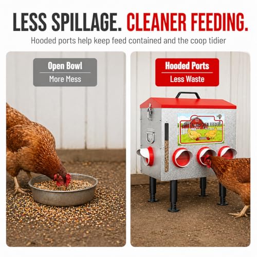 50LBS Metal Chicken Feeder Dispenser with Lid, Adjustable Legs, 8 Feeding Ports, No-Waste & Rodent-Proof Design, Visual Feed Level Indicator, Durable Outdoor Poultry Feeder for Chickens, and Geese