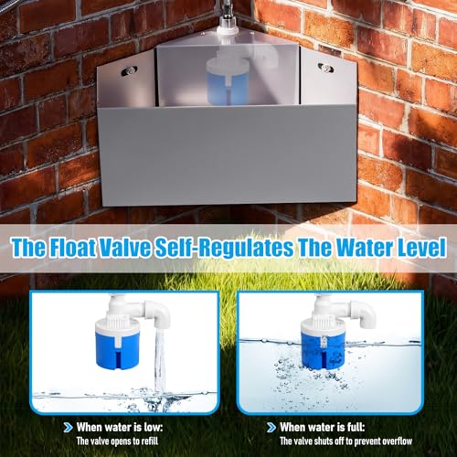 1.6Gal Automatic Livestock Waterer with Float Valve for Horse Dog | Self-Filling Drinking Trough Corner Wall Mount, Stainless Steel, with Drainage Hole, Space-Saving Design, Easy to Install