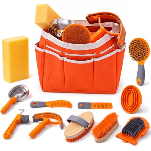 Orange Horse Grooming Kit - 12-in-1 Complete Set with Handbag, Horse Brushes, Curry Comb, Hoof Pick, Sweat Scraper, Sponge for Horse Owners and Riding Enthusiasts - color: Orange