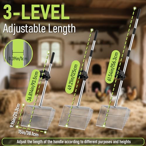 15-inch Metal Extra Large Chicken Poop Scooper, Heavy Duty Chicken Coop Scoop with 36" to 61" Adjustable Stainless Steel Long Handle, Litter Sifting Shovel for Chicken Coop Cleaning