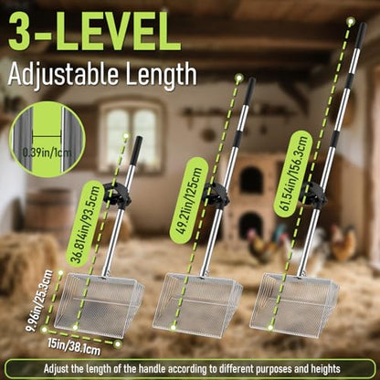 15-inch Metal Extra Large Chicken Poop Scooper, Heavy Duty Chicken Coop Scoop with 36" to 61" Adjustable Stainless Steel Long Handle, Litter Sifting Shovel for Chicken Coop Cleaning