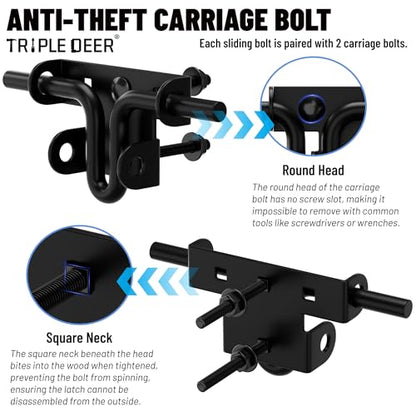 TRIPLE DEER Heavy Duty Sliding Bolt Gate Latch with Padlock Hole & Carriage Bolt, Slide Bolt Hardware for Wooden Fence/Yard Fence/Shed Door/Barn Door, Black, 2 Pack