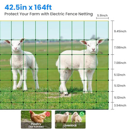 Electric Fence Netting, 42.5" H x 164'L, Electric Netting Fence for Cattle, Sheep, Goat, Hogs, Pre-Assembled, 14 Posts Double Spiked, Portable Livestock Nets Used in Backyards, Farms and Ranches