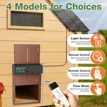 Automatic Chicken Coop Door Solar Powered with Timer&Light Sensor Remote Control 4Modes,Adjustable Anti-Pinch Strength&Weather Poof 1 - color: Dark Brown