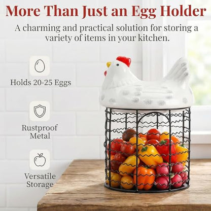 Hiceeden Metal Wire Chicken Egg Storage Basket, Decorative Fresh Egg Holder with Ceramic Chicken Design Lid, Portable Round Collectiong Basket for Kitchen Supplies, Pantry