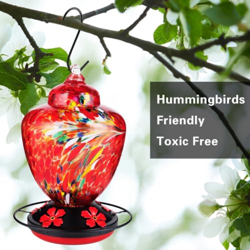 REZIPO Hummingbird Feeder with Perch - Hand Blown Glass - 38 Fluid Ounces Hummingbird Nectar Capacity Include Hanging Wires and Moat Hook (Red-fire) - color: Red-fire
