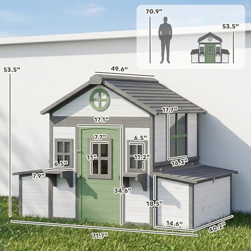 PawHut Wooden Chicken Coop, Hen House for 2-4 Hens, Outdoor Playhouse Poultry Cage with 2 Nesting Boxes, Waterproof Roof, Windows, Chicken Hutch for Farm Backyard, 72" x 50" x 54", White - color: White
