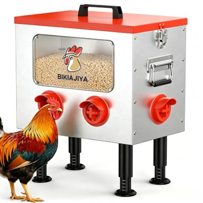 BIKIAJIYA Automatic Chicken Feeder, 55LB Large Capacity, Viewing Window Anti-Waste Rust-Proof Alloy Steel, 6 Feeding Ports, Waterproof & Rodent Proof, Adjustable Legs & Locking Lid for Chickens, Ducks