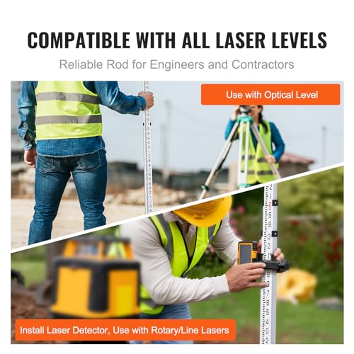 VEVOR Aluminum Grade 14-Feet 6 Sections Telescopic Measuring Rod, Double-Sided Scale 1/10 ft Leveling Rod with Bubble Level & Carrying Bag for Houses, Walls, Floors - size: 14 FT-10ths