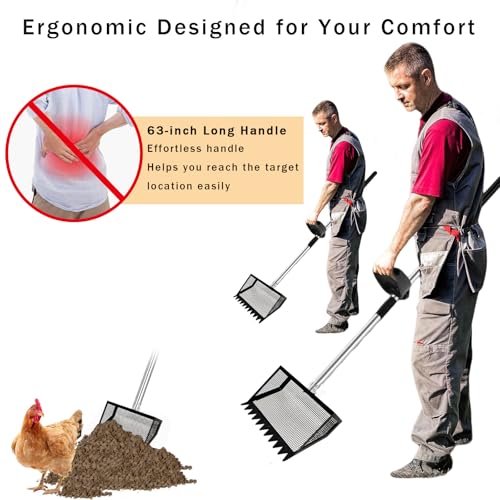 12" Metal Chicken Poop Scooper Rake for Sand with 24 to 68" Handle, Adjustable Chicken Poop Scooper for Poop,Wide 10”Poop Shovel Cleaning Tools, Heavy Duty Sifting Shovel (Black Max) - color: Black Max
