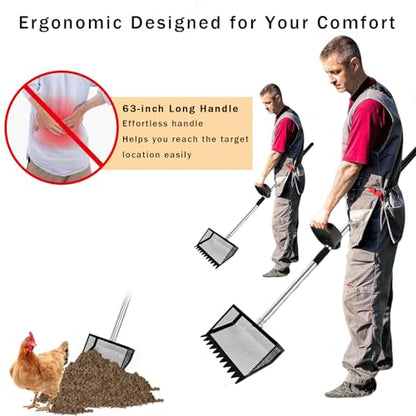12" Metal Chicken Poop Scooper Rake for Sand with 24 to 68" Handle, Adjustable Chicken Poop Scooper for Poop,Wide 10”Poop Shovel Cleaning Tools, Heavy Duty Sifting Shovel (Black Max) - color: Black Max