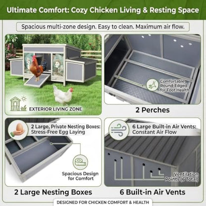 COZIWOW Chicken Coop with Nesting Boxes, 59'' Large Outdoor Poultry Hutch with 2 Perches, Weatherproof Wooden Hen House with Pull-Out Tray, Chicken Cage for Ducks & Rabbits, Gray