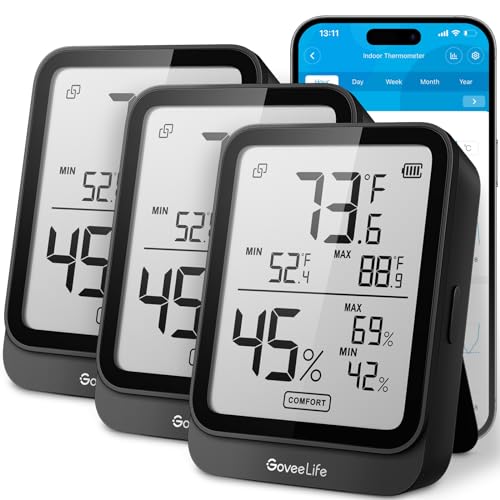 GoveeLife Hygrometer Thermometer H5104 3Pack, Bluetooth Room Temperature Monitor with APP Alert and 2 Years Date Storage Export, Remote LCD Digital Hygrometer Indoor Humidity Meter, Greenhouse - color: Black, size: 3Pack