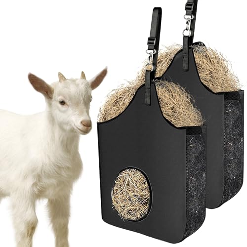 2 Pcs Hay Bag Hanging Goat Feeder Tote Premium Oxford Cloth with Metal Ring and Adjustable Strap for Horses Donkeys Cows Alpacas Ostriches or Other Animals Black - color: black-2