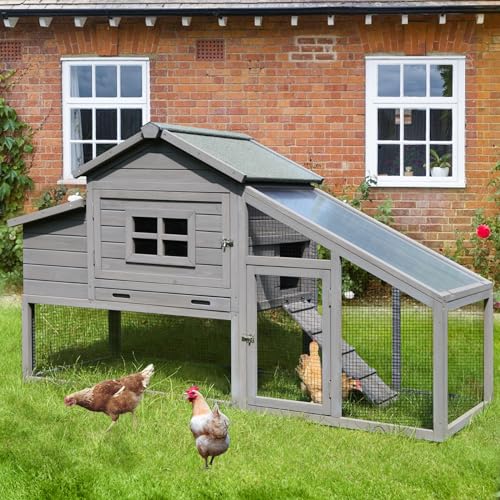 GUTINNEEN Chicken Coop Mobile Hen House Wooden with Run Poultry Cage with Nesting Box,Movable - color: Grey