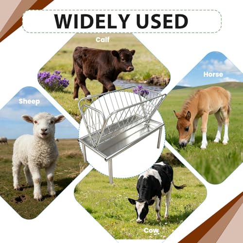 47"x22.5"x38" Heavy-Duty Galvanized Steel Hay Feeder, 30 Gallon, 2-in-1 Grain & Hay, 6" Wide Pan, All-Weather Outdoor Pasture Feeder for Livestock