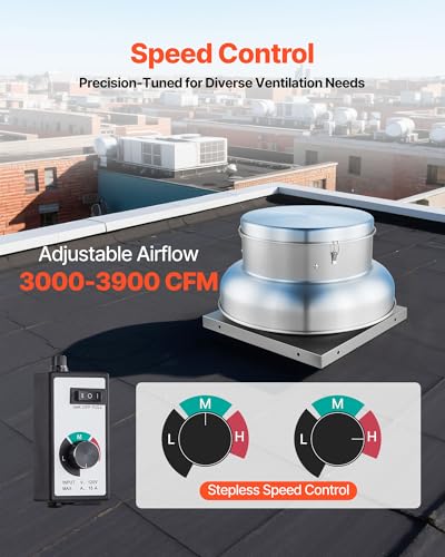 VEVOR Roof Exhaust Fan, 3000CFM & 3900CFM Adjustable Speed Control Attic Vent Fan with High-Power Motor, 24.8inch Fan Base Heavy-Duty Aluminum Alloy, Compact for Garage,Kitchen,Bathroom,Silver - size: 3000CFM & 3900CFM