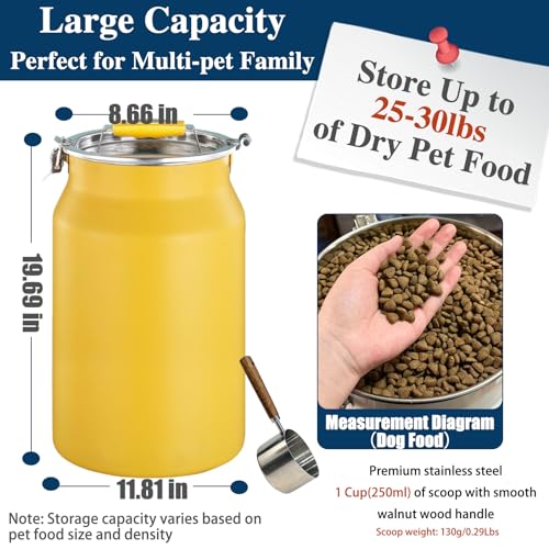 25 Lbs Stainless Steel Dog Food Storage Container with Scoop, Large Metal Dog Food Bin with Airtight Lid & Locking Clamp, Pet Treat Jars for Dogs & Cats, Keep Fresh, Yellow