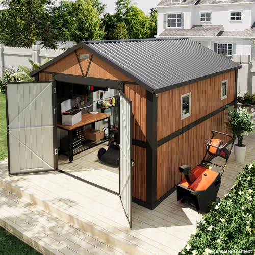 10x12 FT Outdoor Storage Shed, Metal Garden Shed with Floor, Lockable Doors and Windows, Large Tool Shed for Backyard, Patio and Lawn - size: 10x12 FT with Base