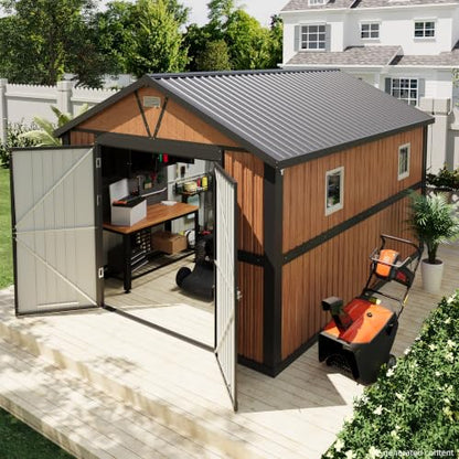 10x12 FT Outdoor Storage Shed, Metal Garden Shed with Floor, Lockable Doors and Windows, Large Tool Shed for Backyard, Patio and Lawn - size: 10x12 FT with Base