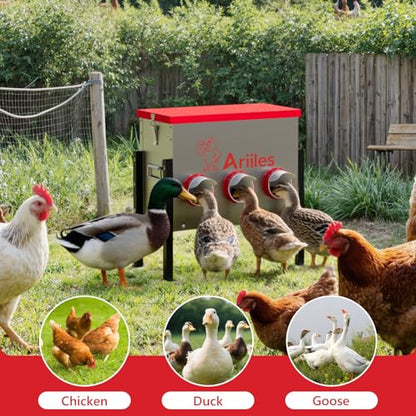 Automatic Chicken Feeder Box, 40lb Capacity, 6 No-Waste Ports, Metal Poultry Feeder with Covered Lid & Elevated Stand, Feed Dispenser for Chickens, Ducks & Backyard - size: 40 LB