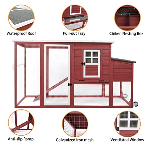 PetsCosset 75" Wooden Chicken Coop with Run and Wheels for 1–4 Chickens, Backyard Hen House with Nesting Box, Removable Tray, Ramp & Weather-Resistant Roof, Red - color: Chicken Coop large-Red, size: 75.0"L x 26.0"W x 39.0"H