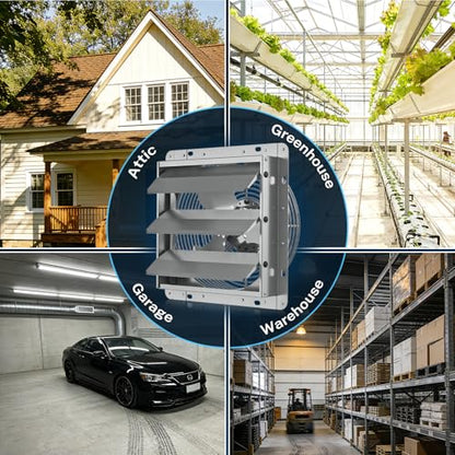 Hon&Guan 10 Inch Shutter Exhaust Fan with Stepless Speed Controller, 647 CFM High Airflow, 1600 RPM Wall Vent Fan, Automatic Gravity Shutters, Easy Install for Garage, Shed & Greenhouse, Gunmetal Gray - color: Gray, size: 10 Inch