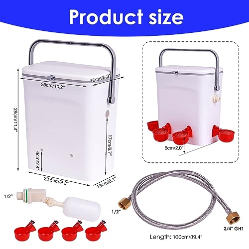 Automatic Chicken Waterer with Float Valve Kit Hose Attachment and 4 Poultry Water Cups, Duck Chicken Water Feeder Poultry Waterer (2 Gallons)