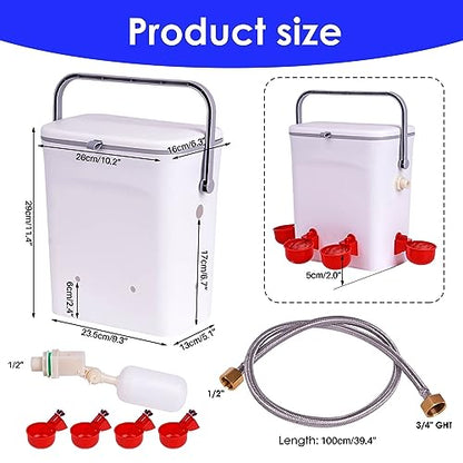 Automatic Chicken Waterer with Float Valve Kit Hose Attachment and 4 Poultry Water Cups, Duck Chicken Water Feeder Poultry Waterer (2 Gallons)