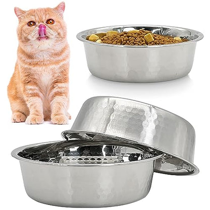 Fhiny 3 Pack Hammered Stainless Steel Cat Bowls, 2 Cups/16 Oz Premium Metal Puppy Feeder Bowl Set for Raised Feeding Station Basic Kitten Food & Water Dishes for Small & Medium Pets Dishwasher Safe - size: 2 Cups/16 Oz