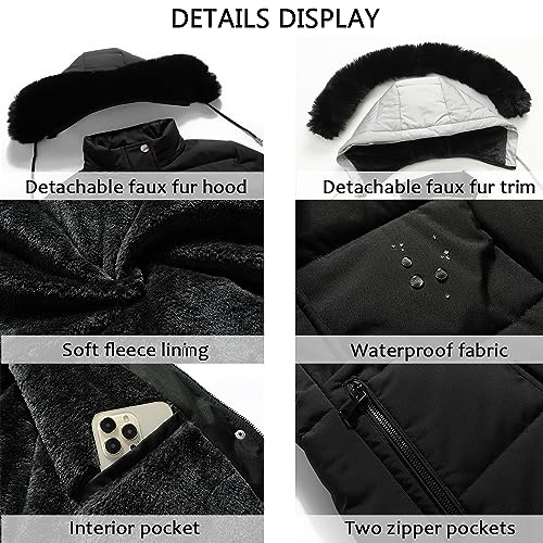 MOERDENG Women's Winter Puffer Coat Thicken Fleece Lined Down Jacket Waterproof Faux Fur Detachable Hooded Parka - color: Black, size: 3X-Large