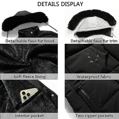 MOERDENG Women's Winter Puffer Coat Thicken Fleece Lined Down Jacket Waterproof Faux Fur Detachable Hooded Parka - color: Black, size: Large