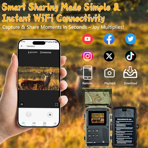Solar Trail Camera WiFi Bluetooth - 5K 60MP Game Camera with 5200mAh Battery, Rechargeable Trail Cam with 64GB SD Card, Wildlife Cameras Deer Cams for Outdoor Backyard