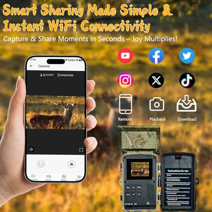 Solar Trail Camera WiFi Bluetooth - 5K 60MP Game Camera with 5200mAh Battery, Rechargeable Trail Cam with 64GB SD Card, Wildlife Cameras Deer Cams for Outdoor Backyard