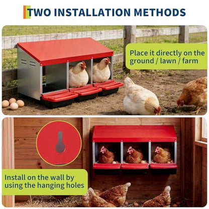 Chicken Nesting Boxes, Metal Chicken Egg Laying Box, Hen Nesting Box with Swing Perch and Rollout Egg Collection for Chicken Coop, Red, 3 Compartments - color: Red with 3 - Slot