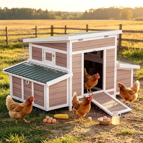 Chicken Coop, Large Wooden Chicken House with Waterproof Roof & Pull-Out Tray, Outdoor Chicken Hutch with 6 Nesting Boxes, Duck Coop Hen House for 4-6 Chicken, Khaki - color: Khaki