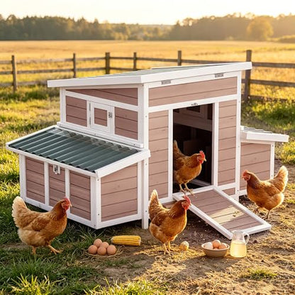 Chicken Coop, Large Wooden Chicken House with Waterproof Roof & Pull-Out Tray, Outdoor Chicken Hutch with 6 Nesting Boxes, Duck Coop Hen House for 4-6 Chicken, Khaki - color: Khaki