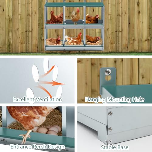 8-Compartment Metal Chicken Nesting Box for Hens, Wall-Mounted Poultry Laying Coop with Ventilation Holes and Tilted Roof Design (6-Hole,Green) - color: 6-Hole,Green