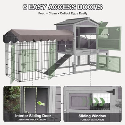 Large Chicken Coop Outdoor Waterproof Poultry House with Run, Asphalt Roof Wooden Hen Cage, Easy Clean Slide-Out Tray, Nesting Boxes for 2-6 Chickens, Ducks, Rabbits, Backyard Farm Garden Use
