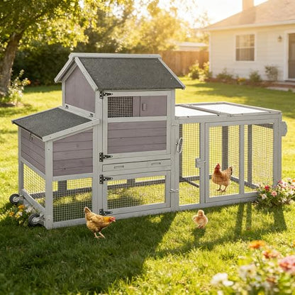 Aivituvin Chicken Coop Outdoor Hen House Wooden Poultry Cage with Wheels,UV Panel,Nest Box, Expandable Coop (Grey, AIR27) - color: Grey, size: AIR27