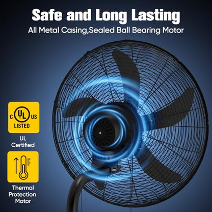 20 Inch Oscillating Wall Mount Fan, High Velocity Commercial Wall Mounted Fan with 3 Speeds, 5000 CFM & 1700 RPM, Heavy Duty Outdoor Wall Fan for Garage, Patio, Warehouse & Workshop, Black - size: 20-Inch