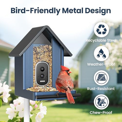 Smart Metal Bird Feeder with Camera, Light Blue | Squirrel Proof, 2.5K UHD AI Identification, Wireless Solar Powered, Real-time Videos & IMG, Outdoor for Garden Birding - color: Light Blue