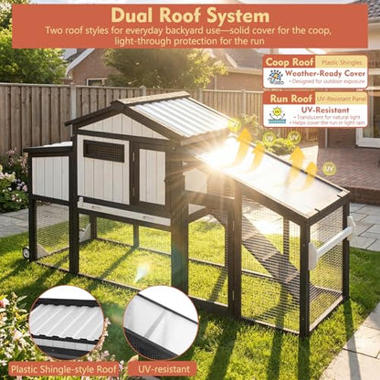 Ketive 65" L Chicken Coop with Wheels for 1–2 Chickens, Outdoor Wooden Hen House with Run, Leakproof Pull-Out Tray, UV-Resistant Panel Roof, 2 Nesting Box,Poultry Cage Chicken Hutch for Backyard Yard - size: 65.0"L x 26.0"W x 39.0"H
