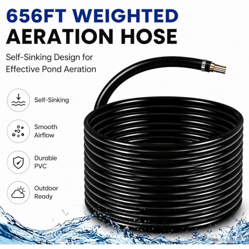 Self Sinking Aeration Hose, 3/8" ID 656FT, Sturdy PVC Line, Packaged with 4 Brass Connectors & 4 Stainless Clamps for In-ground Ponds, Home Garden and Small Farm Water Bodies