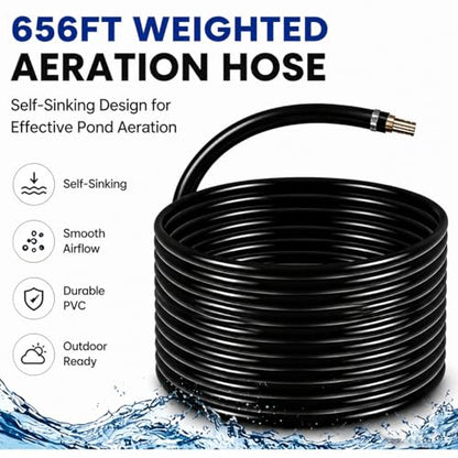 Self Sinking Aeration Hose, 3/8" ID 656FT, Sturdy PVC Line, Packaged with 4 Brass Connectors & 4 Stainless Clamps for In-ground Ponds, Home Garden and Small Farm Water Bodies